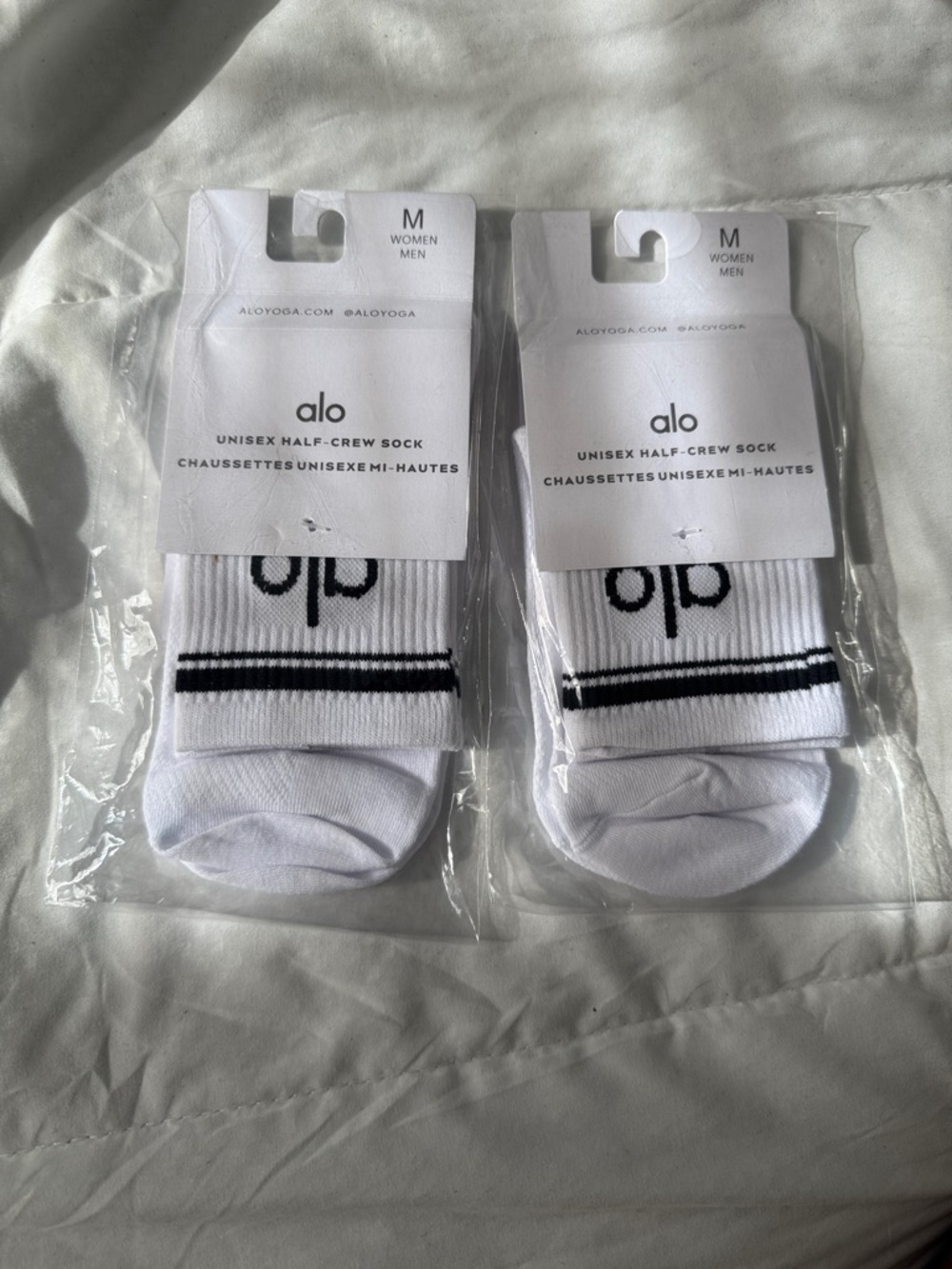 ALO Yoga White Half-Crew Socks with Black Stripes (Pair)